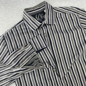 GUESS Mens Embroidered Gray Black Striped Button Down Shirt French Cuff Size M